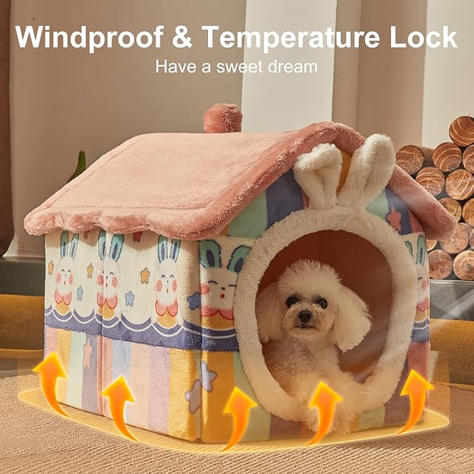 JIUPETY Cute Small Dog House Indoor, Foldable House Kennel Bed Mat with Cushion, L Size Tent Up to 30 Lbs, Dog Cave Bed with Non-Slip Bottom, Rainbow