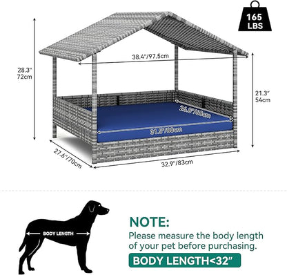 YITAHOME Large Wicker Dog House with Cushion Outdoor Indoor Rattan Doghouse Elevated Raised Dog Bed with Canopy Water Resistant Dog Cot for Small, Medium, and Large Dogs, Gray & Blue