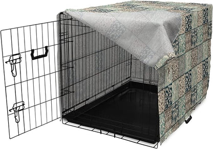 Lunarable Geometric Dog Crate Cover, Antique Mosaic with Victorian Garden Motifs Damask and Scroll Flower, Easy to Use Pet Kennel Cover for Medium Large Dogs, 36 Inch, Seafoam Brown Dark Blue
