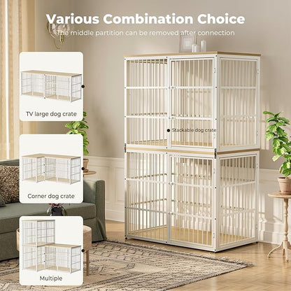 94.48'' Dog Crate Furniture Large Breed TV Stand with Double Rooms for 2 Large Medium Dogs, Wooden Indoor Kennel Crate Cage End Table with Removable Divider, Can Use Separately, Natural Beech