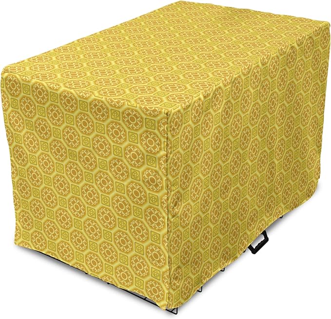 Lunarable Mustard Dog Crate Cover, Exotic Ornate Style Baroque Inspired Tiles Portuguese Culture Design Print, Easy to Use Pet Kennel Cover for Medium Large Dogs, 18 Inch, Earth Yellow