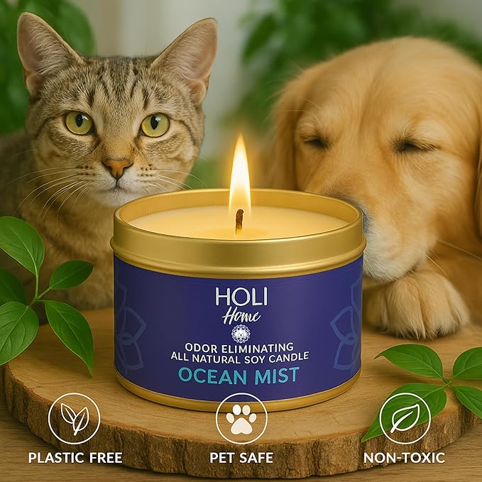 HOLI Pet Odor Eliminator Candle – Vanilla Suede Scent – All Natural Soy Wax, Paraben & Phthalate Free, Pet Safe, Long-Lasting 30-Hour Burn, Non-Toxic & Plastic-Free Air Freshener for Home