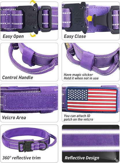 AUBELL Reflective Dog Collar, Tactical Dog Collar for Medium Dogs, Heavy Duty Dog Collar with Handle and Metal Buckle Great for Female Dogs, with Airtag Holder and 2 Patches(Purple, M)