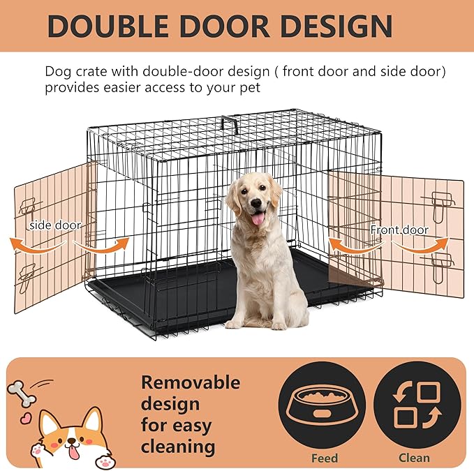 FDW Dog Crate for Large Dogs 42 Inch Folding Metal Wire Pet Cage Double Door W/Divider Panel Indoor Outdoor Kennel Leak-Proof Plastic Tray,Black