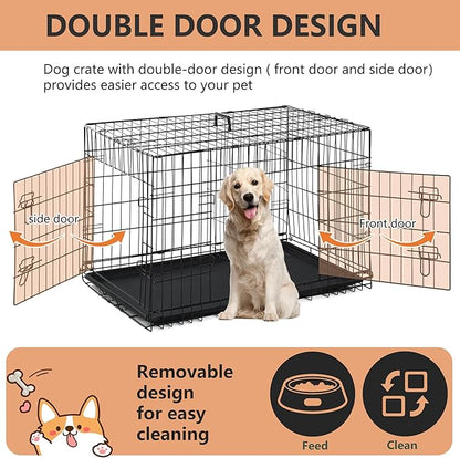 FDW Dog Crate for Large Dogs 42 Inch Folding Metal Wire Pet Cage Double Door W/Divider Panel Indoor Outdoor Kennel Leak-Proof Plastic Tray,Black