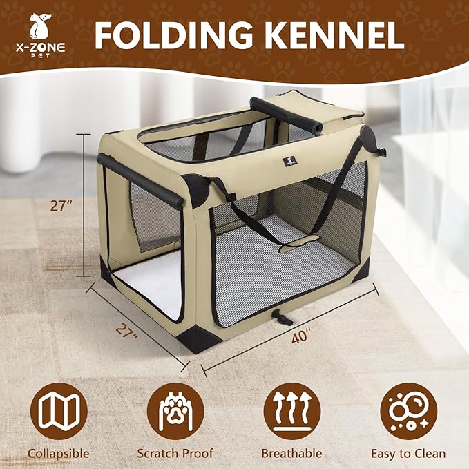 X-ZONE PET Dog Crate 3-Door Kennel, Collapsible Portable Soft Sided Pet Carriers for Indoor & Outdoor, Multiple (40-Inch, Rice White)
