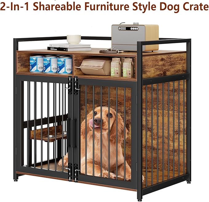 48 Inch Large Dog Crate Furniture for Large Dogs, Heavy Duty Kennel with 2 Drawers Storage, 360° Adjustable Raised Feeder, Wooden Dog Cage Indoor House End Table for Dogs
