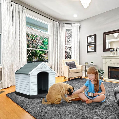 YITAHOME 28.5'' Large Plastic Dog House Outdoor Indoor Doghouse Puppy Shelter Water Resistant Easy Assembly Sturdy Dog Kennel with Air Vents and Elevated Floor (28.5''L*26''W*28''H, Gray)