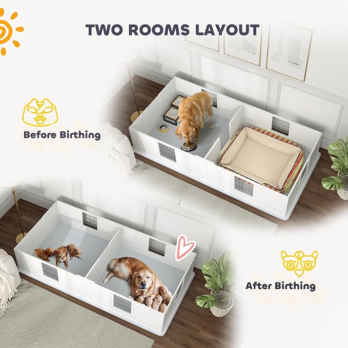 PawHut Whelping Box for Dogs and Puppies, Dog Whelping Box with Waterproof Pee Pad, Adjustable Height Door, for Large Dogs Indoor Use, 96" x 47" x 19"