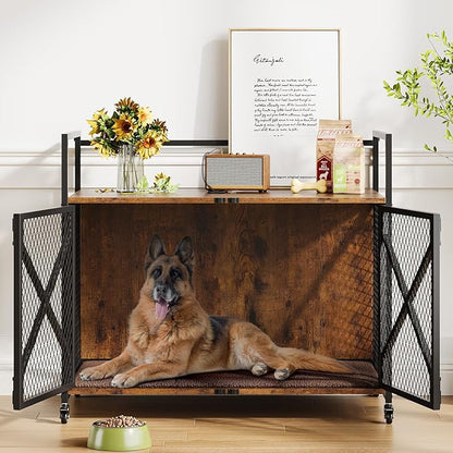 41 Inch Dog Crate Furniture, Heavy Duty Decorative Dog Cage with Lockable 360° Wheels, Double Door Dog Kennel End Table for for Small Medium Large Dog, Rustic Brown
