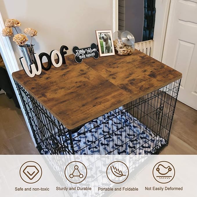 HiCaptain Dog Kennel Wooden Crate Table Topper, Foldable 48 inches Dog Table Top, Durable Decorative Dog Kennel Table Topper for Large Dogs Cage - Vintage Style