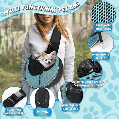 WOYYHO Dog Sling Carrier - Adjustable Strap,Hard Bottom,Large Zip Pocket,Breathable Mesh - Suitable for Puppies Outdoor Travel (Cyan M)