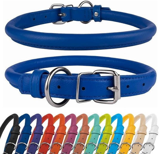 CollarDirect Rolled Leather Dog Collar, Soft Padded Round Puppy Collar, Handmade Genuine Leather Collar Dog Small Large Cat Collars 13 Colors (12-15 Inch, Dark Blue Textured)
