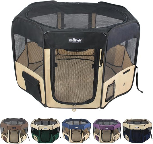 EliteField 2-Door Soft Pet Playpen (2 Year Warranty), Exercise Pen, Multiple Sizes and Colors Available for Dogs, Cats and Other Pets (36" x 36" x 24"H, Black+Beige)