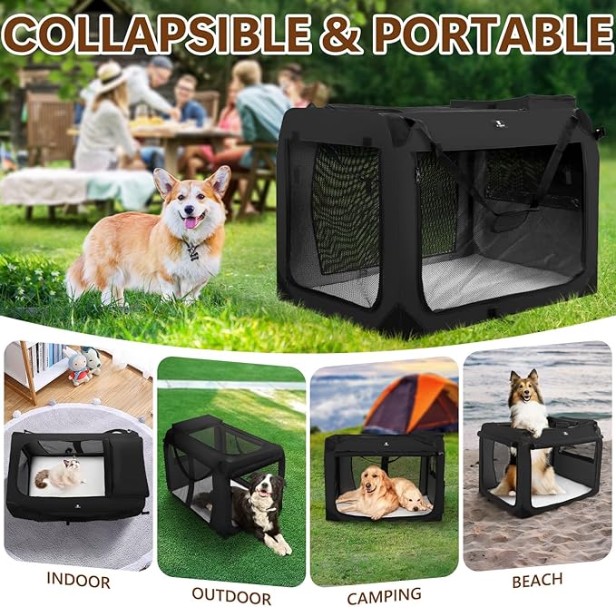 X-ZONE PET Dog Crate 3-Door Kennel, Collapsible Portable Soft Sided Pet Carriers for Indoor & Outdoor, Multiple (28-Inch, Carbon Black)