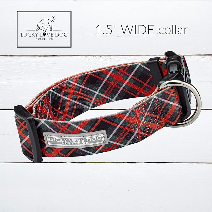 Lucky Love Dog Wide Dog Collar - Adjustable, Durable, Soft Webbing, & Comfortable 1.5 inch Wide Collar for Dogs Male and Female - in Heywood Pattern with Strong Buckle, Medium Size