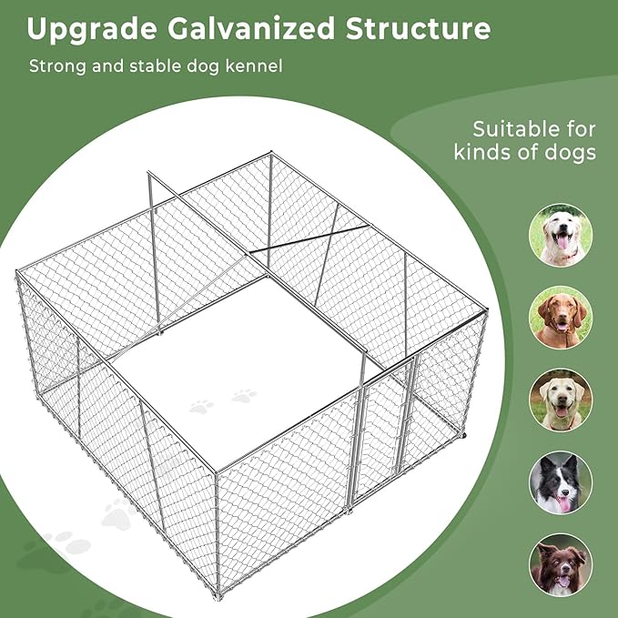 Upgraded 10×10×7FT Outdoor Dog Kennel with Roof, Large Dog House Pen Enclosure with Sidebar, Heavy Duty Chain Link Kennel with Lock for Outside Backyard