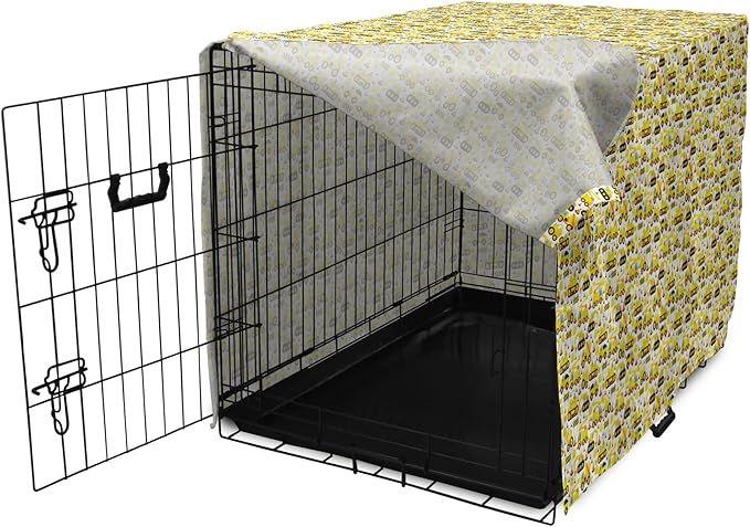 Lunarable Cartoon Dog Crate Cover, Construction Vehicles Style Machines Safety Building Theme, Easy to Use Pet Kennel Cover for Cats & Medium Dogs, 30 Inch, Yellow White Black