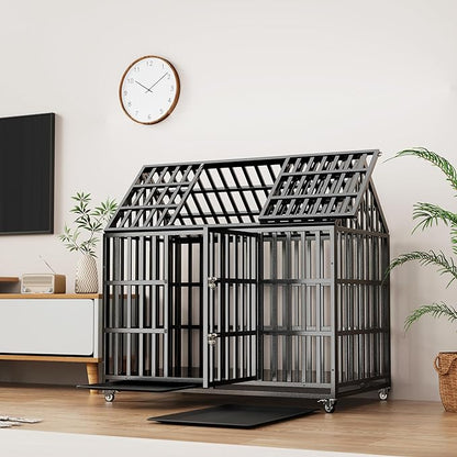 52" Heavy Duty Dog Crate,Metal Pet Cage Roof Strong Playpen with Sturdy Latches and Lockable Wheels,Large Kennel W/Removable Trays for Large Dogs,Black