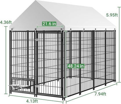 Large Dog Kennel Outside - 7.9 x 4.1 x 5.9 ft Dog Outdoor Kennel with Roof, Outside Dog kennels with Rotating Feeding Bowls, Big Dog Kennel for Dogs