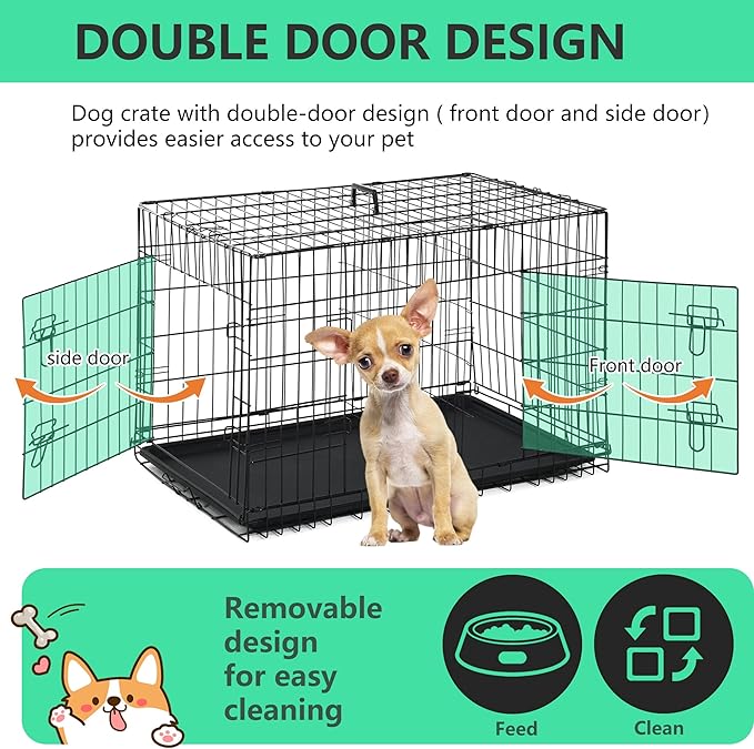 FDW 24 inch Dog Crate Dog Kennel Cage with Double Door Folding Metal Wire Dog Cage with Removable Tray&Divider Panel,Pet Crate for Small Dogs,Black