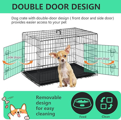 FDW 24 inch Dog Crate Dog Kennel Cage with Double Door Folding Metal Wire Dog Cage with Removable Tray&Divider Panel,Pet Crate for Small Dogs,Black