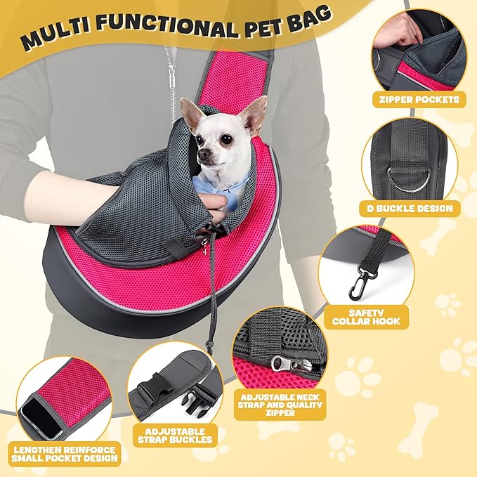 WOYYHO Pet Dog Sling Carrier Adjustable Strap Breathable Mesh Dog Slings for Small Dogs with Zipper Touch Pocket Safety Leash Dog Sling Carrier for Outdoor Travel (S (2-4.5 lbs), Rose)