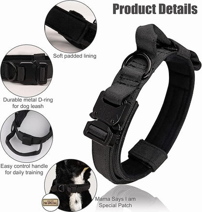 Tactical Dog Collar - KCUCOP Military Dog Collar with Handle - K9 Tactipup Thick Adjustable Heavy Duty Dog Collars for Medium and Large Dogs(Black-L)
