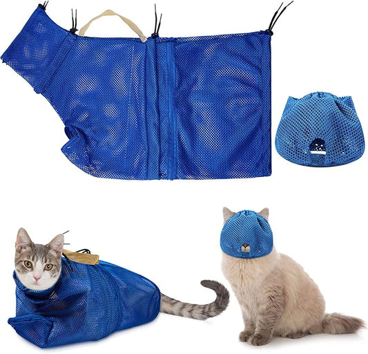 Weewooday 2 Pieces Cat Grooming Washer Mesh Bag Cat Muzzles Breathable Mesh Muzzles Adjustable Kitten Scratch Resistant Kitty Restraint Clothes Kitty Bath Bag for Bathing Nail Trimming Feeding(Blue)