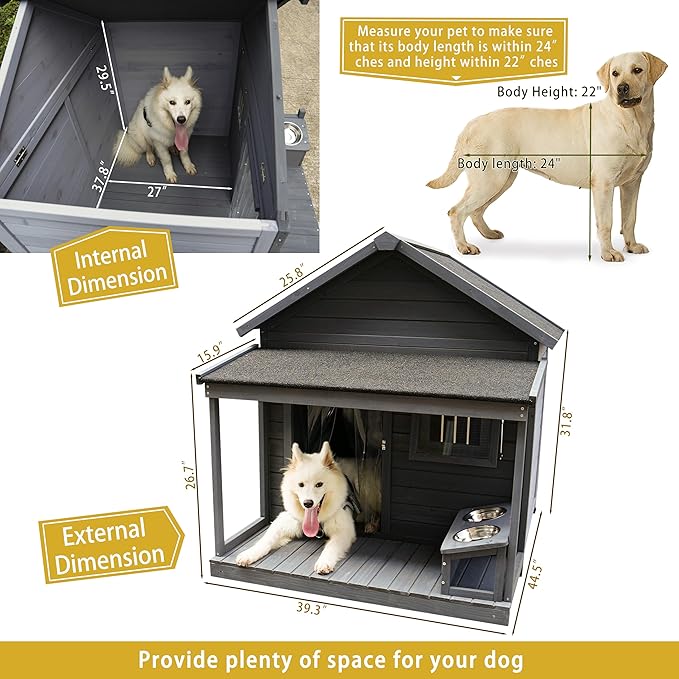 YOTPO Large Outdoor Fir Wood Dog House with Spacious Terrace,Breathable Window&2 Feeding Stainless Bowls,Dog Kennel W/Solid Asphalt Roof&Removable Floor,Dog Cage W/Resting Porch for Large Dogs,Gray