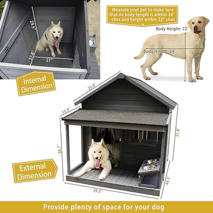 YOTPO Large Outdoor Fir Wood Dog House with Spacious Terrace,Breathable Window&2 Feeding Stainless Bowls,Dog Kennel W/Solid Asphalt Roof&Removable Floor,Dog Cage W/Resting Porch for Large Dogs,Gray