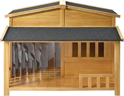 Merax 47.2" Outdoor & Indoor Wooden Dog House, Pet Kennel with Porch, Solid Wood, Weatherproof, Medium, Nature