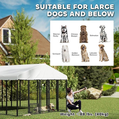 PawHut 9.8' x 9.8' x 6.8' Outdoor Dog Kennel, Welded Wire Heavy Duty Dog Run with 360° Rotating & 4 Level Adjustable Bowls, Dog Kennel Outside with Waterproof & UV Resistant Cover, for S&M&L Dogs
