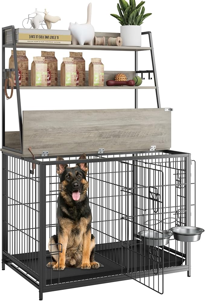 Furniture Style Dog Crate, Indoor Basic Dog Cage with 3-Layer Storage Shelves, Flip-up Top End Table Dog Cage, Dog Kennel Furniture with Adjustable Bowls, 37.4" L x 24.4" W x 57.1" H,Grey