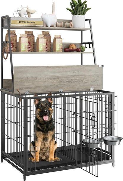 Furniture Style Dog Crate, Indoor Basic Dog Cage with 3-Layer Storage Shelves, Flip-up Top End Table Dog Cage, Dog Kennel Furniture with Adjustable Bowls, 37.4" L x 24.4" W x 57.1" H,Grey