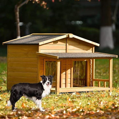 YOTPO 47.2" Wooden Indoor & Outdoor Medium Dog House with Porch Door and Removable Curtain,Pet Kennel with Weatherproof Solid Wood,for Yard,Garden,Living Room,Villa,Wood