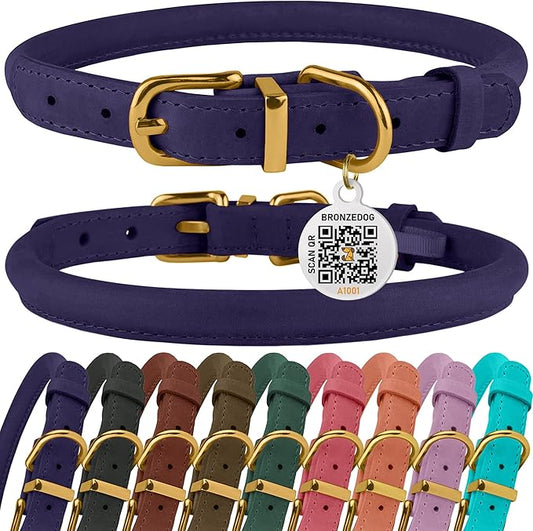 BRONZEDOG Rolled Leather Dog Collar with QR ID Tag Adjustable Soft Round Collars for Small Medium Large Dogs Puppy Cat (16" - 19" Neck Size, Violet)