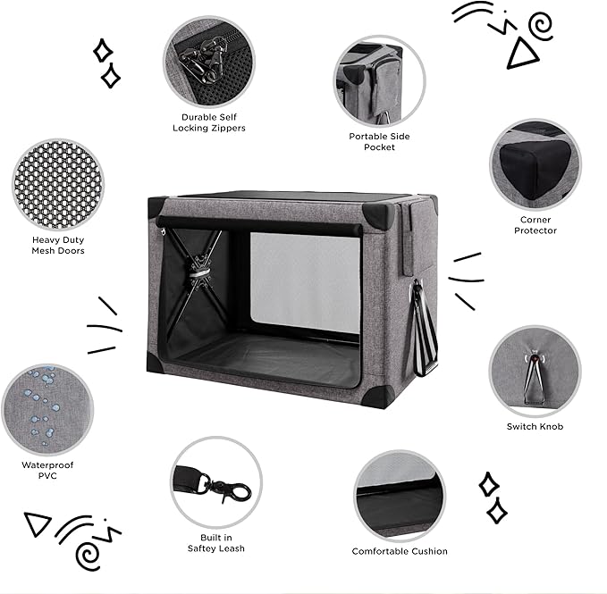 Travel Dog Crate - 37 Inch Collapsible Portable Foldable Crates for Large Dogs with Detachable Storage Bag, Removable Pad, and Mesh Windows for Outdoor & Indoor (Grey)