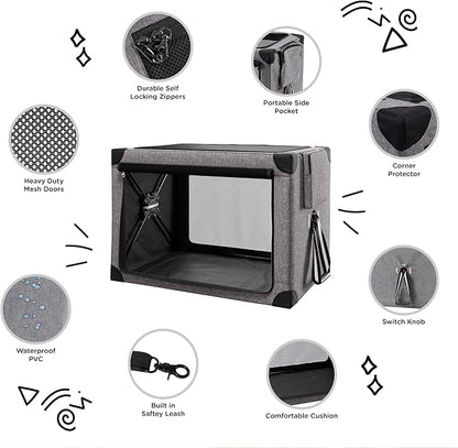 Travel Dog Crate - 37 Inch Collapsible Portable Foldable Crates for Large Dogs with Detachable Storage Bag, Removable Pad, and Mesh Windows for Outdoor & Indoor (Grey)
