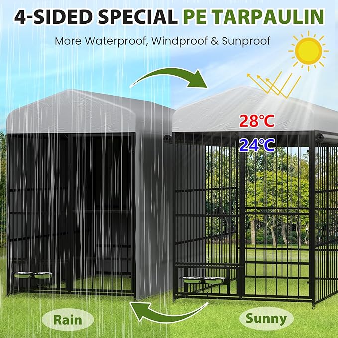 Rovibek Outdoor Dog Kennel with Roof, Dog Kennel Outside Heavy Duty Dog Playpen, Dog Run Enclosure with 2 Rotating Bowl & Sun-Proof Cover Dogs