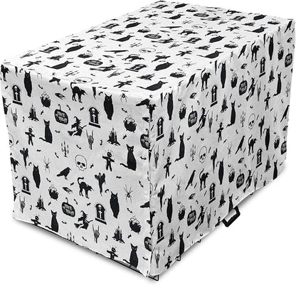 Lunarable Halloween Dog Crate Cover, Horror Pattern Tombstone Kitty Owl Voodoo Trick or Treat Pumpkin, Easy to Use Pet Kennel Cover for Small Dogs Puppies Kittens, 22 Inch, Grey Black Charcoal