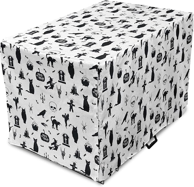 Lunarable Halloween Dog Crate Cover, Horror Pattern Tombstone Kitty Owl Voodoo Trick or Treat Pumpkin, Easy to Use Pet Kennel Cover for Medium Large Dogs, 42 Inch, Grey Black Charcoal