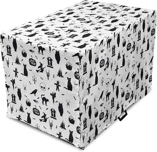 Lunarable Halloween Dog Crate Cover, Horror Pattern Tombstone Kitty Owl Voodoo Trick or Treat Pumpkin, Easy to Use Pet Kennel Cover for Medium Large Dogs, 42 Inch, Grey Black Charcoal