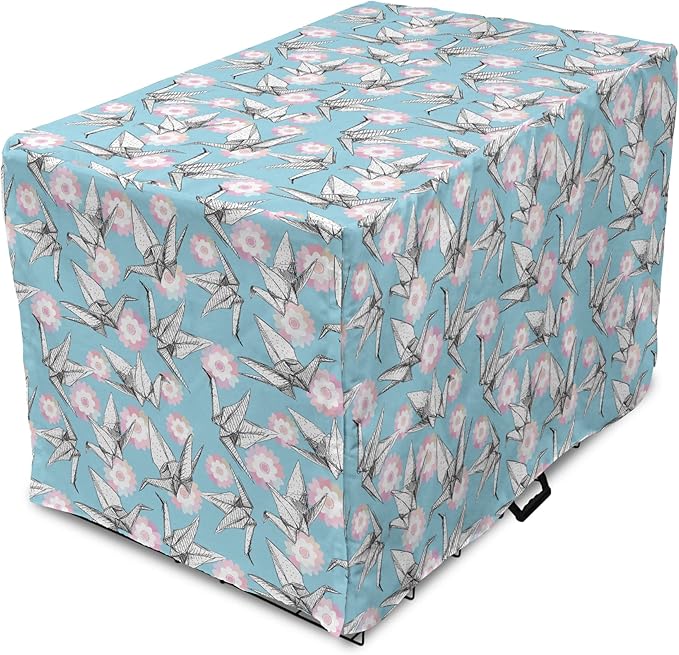 Lunarable Origami Dog Crate Cover, Japanese Tradition Paper Cranes and Cherry Blossom Petals Spring, Easy to Use Pet Kennel Cover for Medium Large Dogs, 36 Inch, Pale Pink Pale Blue White