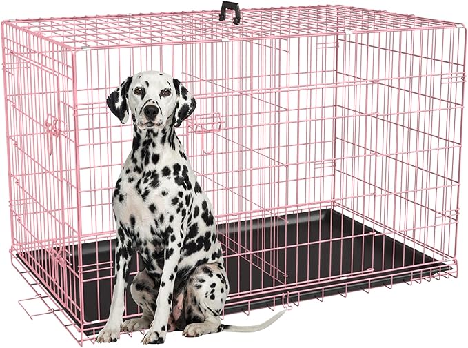 FDW Extra Large Dog Crate Dog Kennel Cage with Double Door,48 inch Folding Metal Wire Dog Cage with Removable Tray&Divider Panel,Pet Crate for Large Dogs,Pink