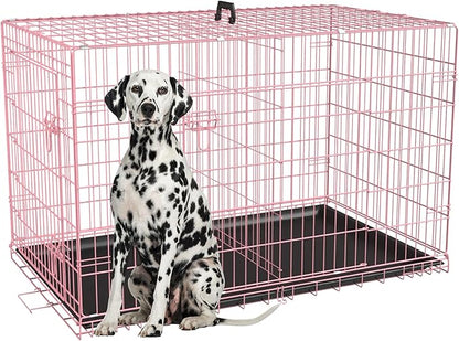 FDW Extra Large Dog Crate Dog Kennel Cage with Double Door,48 inch Folding Metal Wire Dog Cage with Removable Tray&Divider Panel,Pet Crate for Large Dogs,Pink