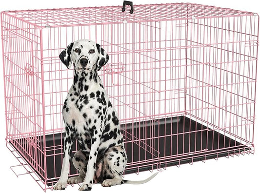 FDW Extra Large Dog Crate Dog Kennel Cage with Double Door,48 inch Folding Metal Wire Dog Cage with Removable Tray&Divider Panel,Pet Crate for Large Dogs,Pink