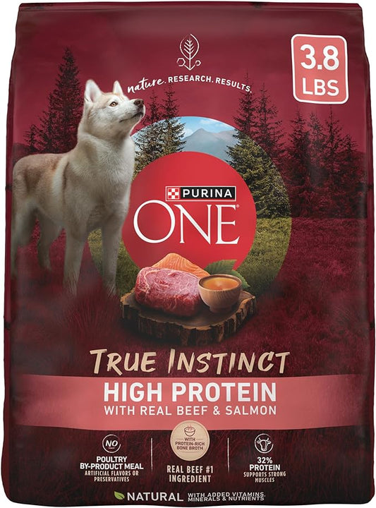 Purina ONE Natural High Protein Dry Dog Food Dry True Instinct with Real Beef and Salmon With Bone Broth and Added Vitamins, Minerals and Nutrients - (Pack of 4) 3.8 lb. Bags