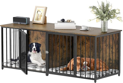 DWVO Double Dog Kennel Furniture, 80.2" Dog Cage Furniture with Divider, Double Dog Crate TV Stand for 2 Medium Dogs, Brown