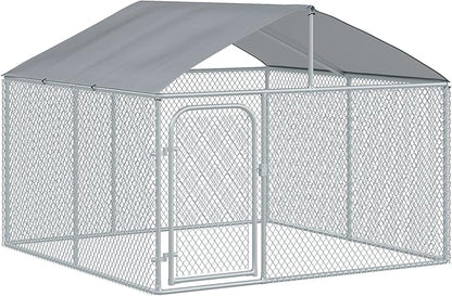 PawHut Large Dog Kennel Outside, Heavy Duty Dog Cage with Waterproof Cover, Outdoor Fence Dog Run with Galvanized Chain Link, Secure Lock, 7.5' x 7.5' x 5.6'